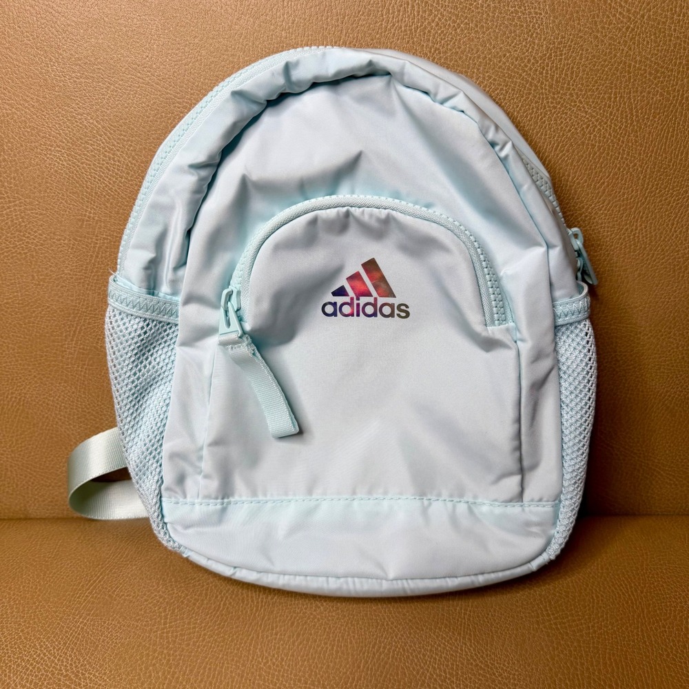 Adidas Mini Backpack Light Blue Iridescent Holographic Logo Small Travel Bag